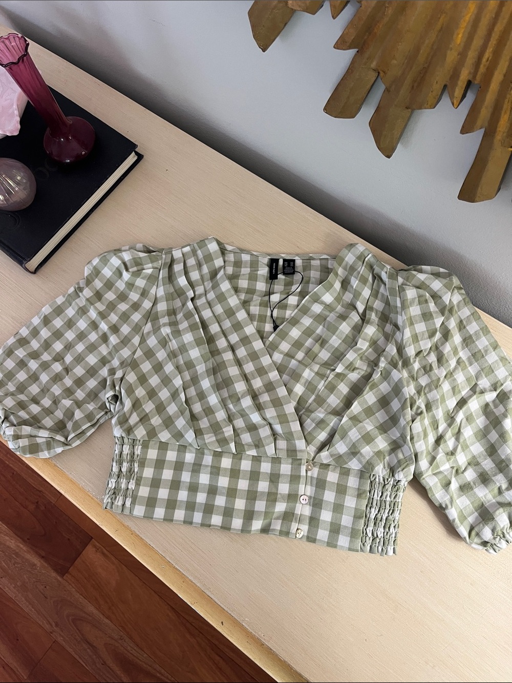 Vero Moda Light Green Gingham Cropped Wrap Top